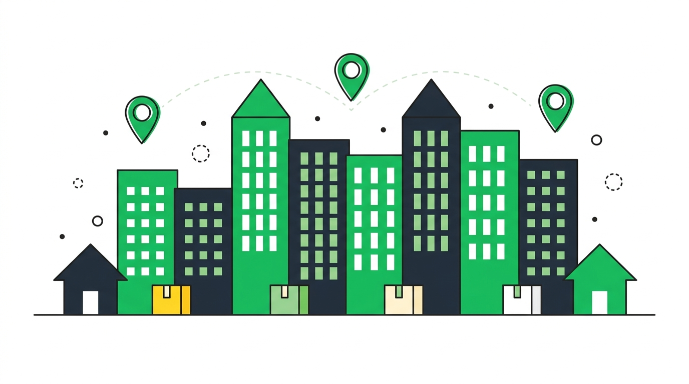 Cidade com encomendas e pins de entrega
